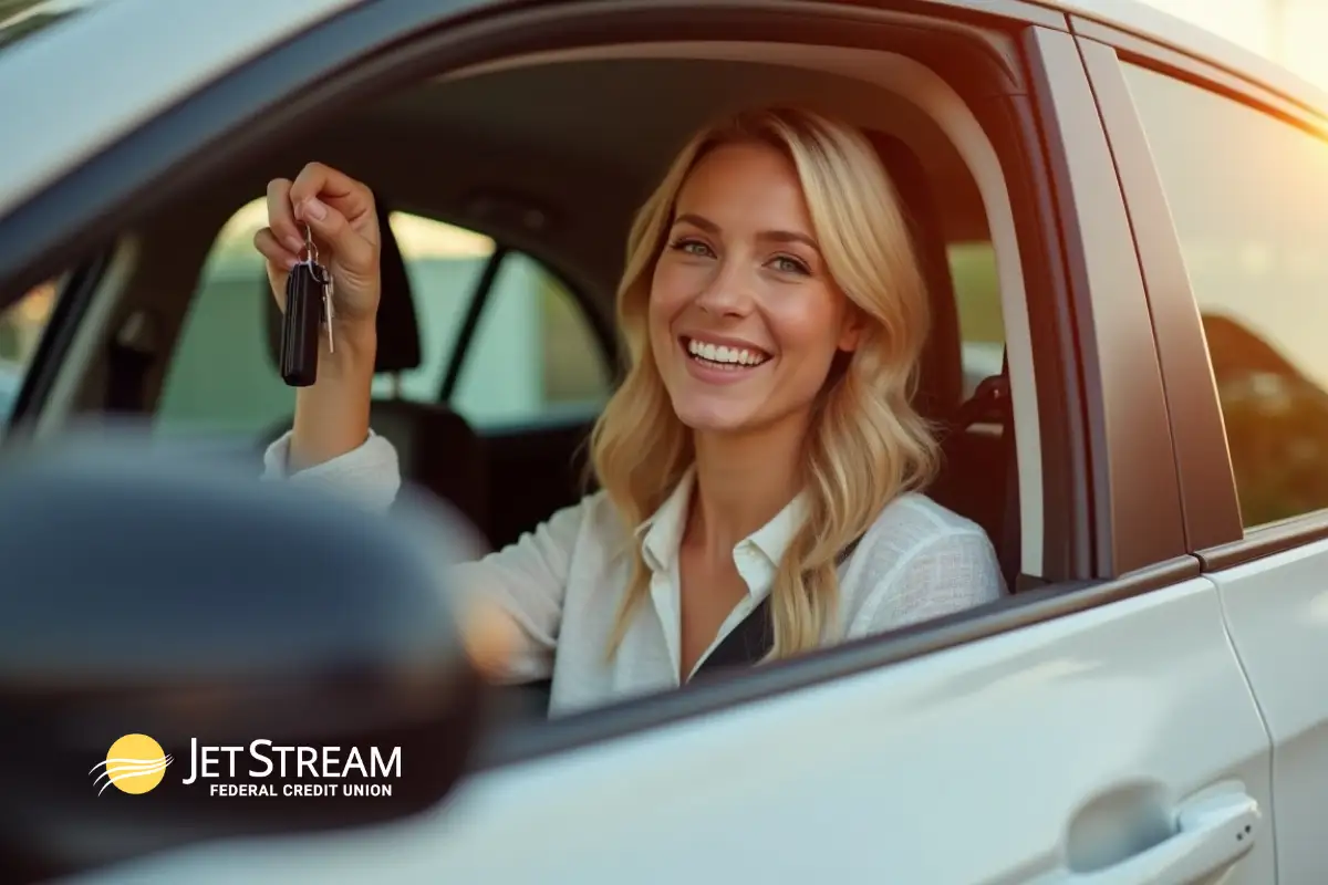 Happy woman showing her new car keys thanks to an auto loan from JetStream FCU