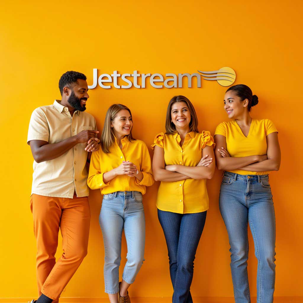 Four happy JetStream employees hanging out, socially.