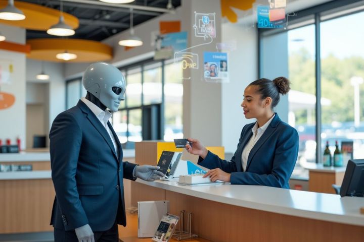JetStream employee at the service desk, helping a customer with questions about their credit card
