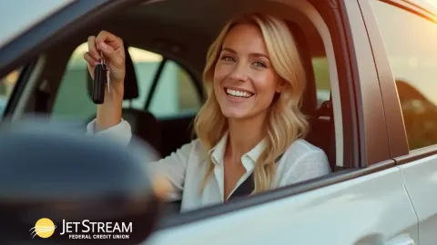 Mujer feliz que muestra las llaves de su auto nuevo gracias a un préstamo automático de Jetstream FCU