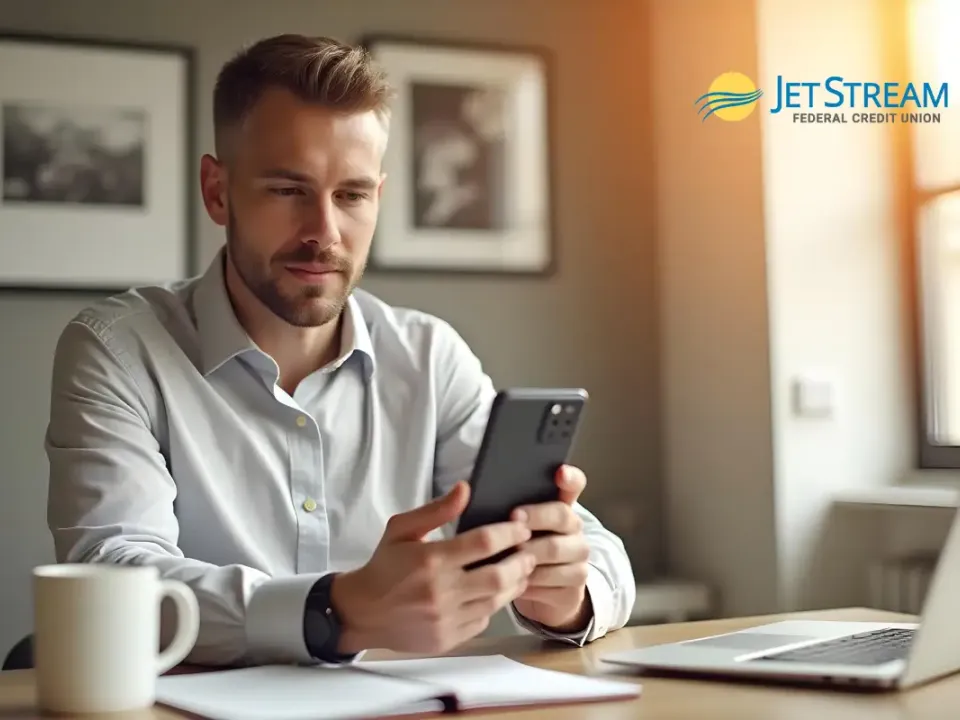 El cliente de JetStream mira su teléfono, revisando su puntaje de crédito