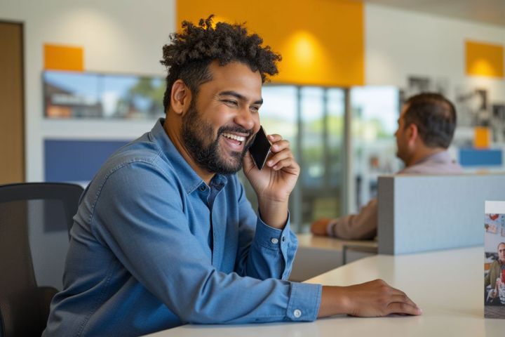 Happy JetStream employee on the phone, sharing his expertise with a JetStream customer.