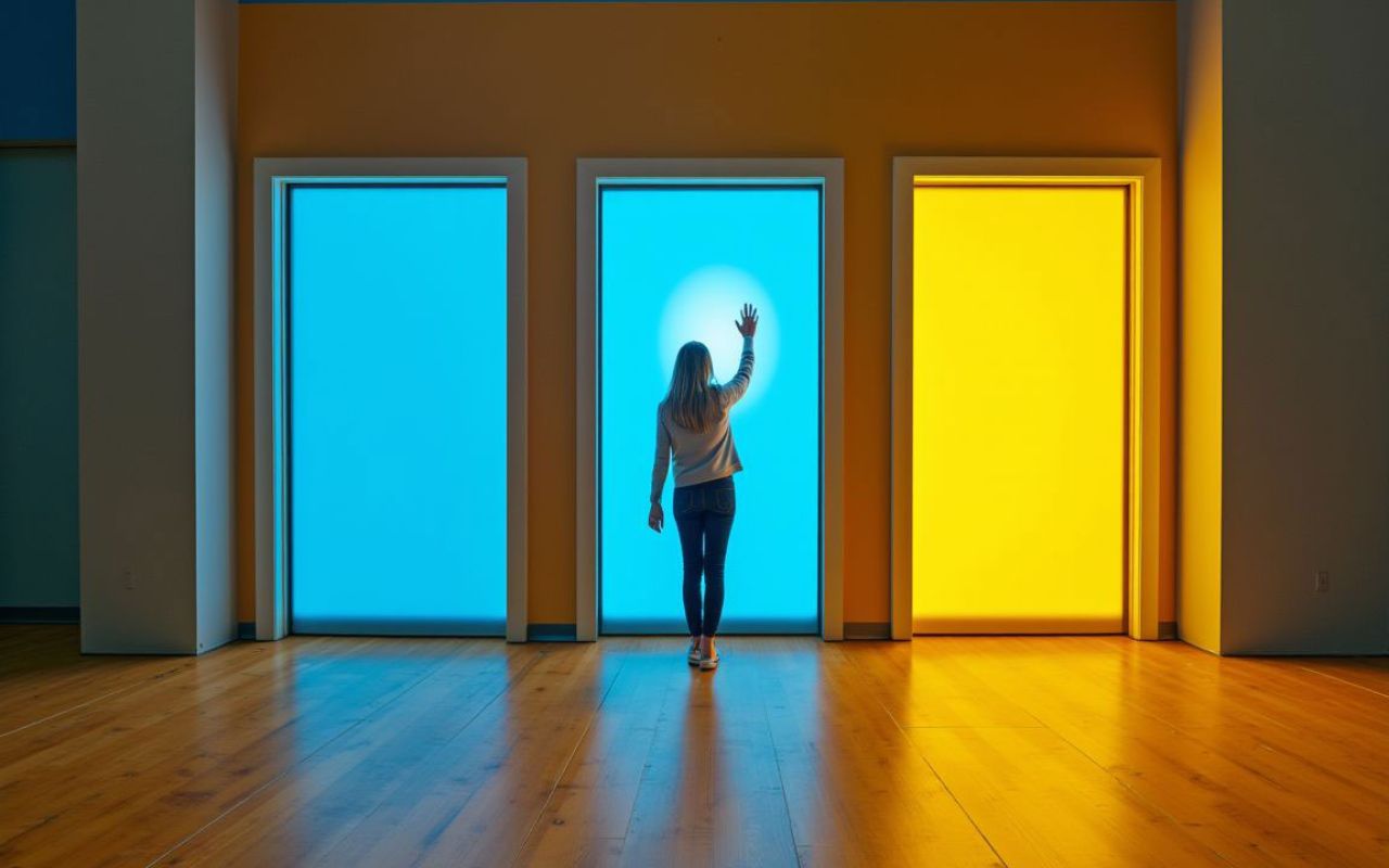 Woman standing in front of three doors -- JetStream FCU colors, two blue and one yellow -- deciding which to take.