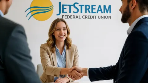 El empleado de JetStream se da la mano con un cliente de préstamo personal
