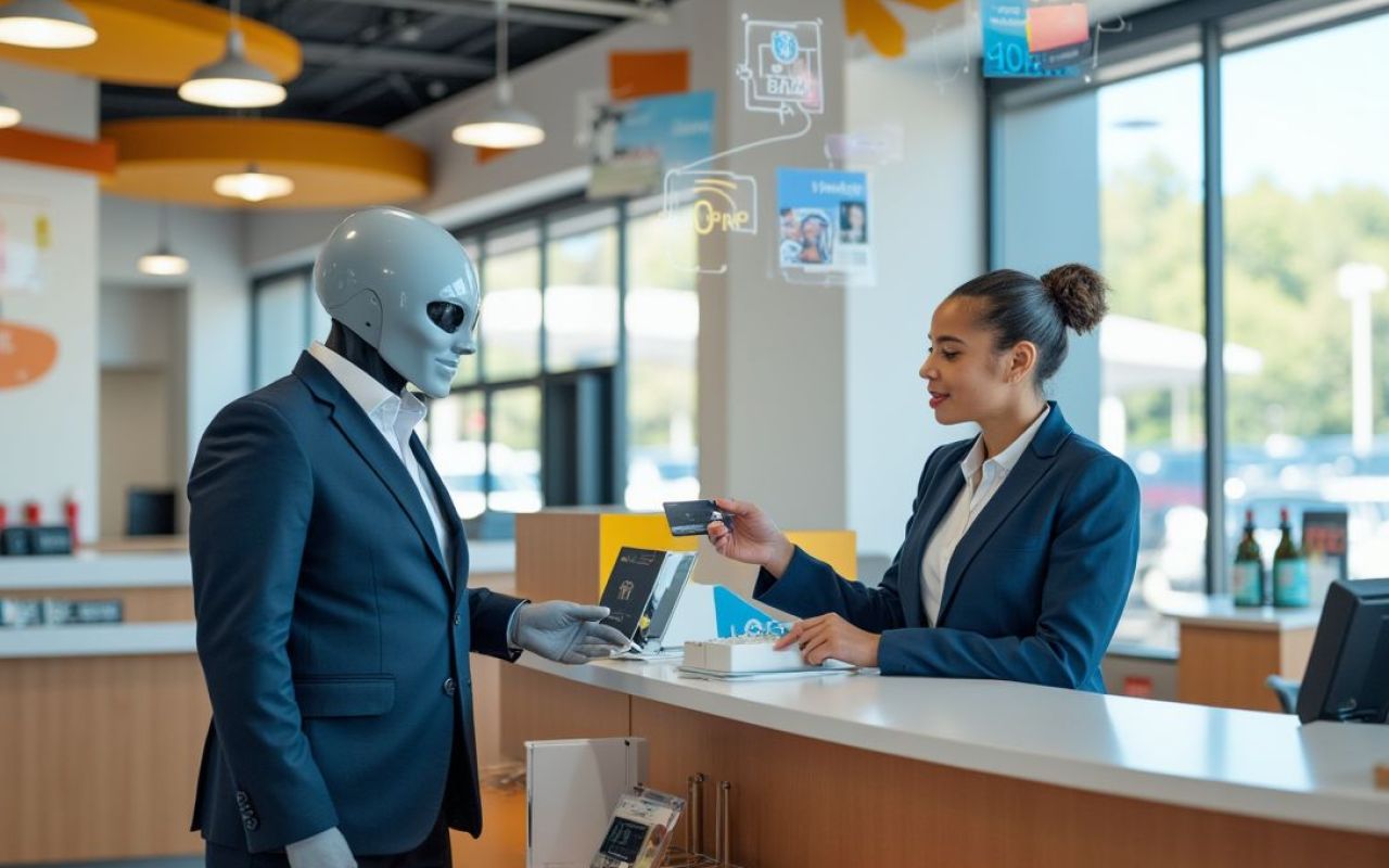 Empleado de Jetstream en el mostrador de servicio, ayudando a un cliente con preguntas sobre su tarjeta de crédito