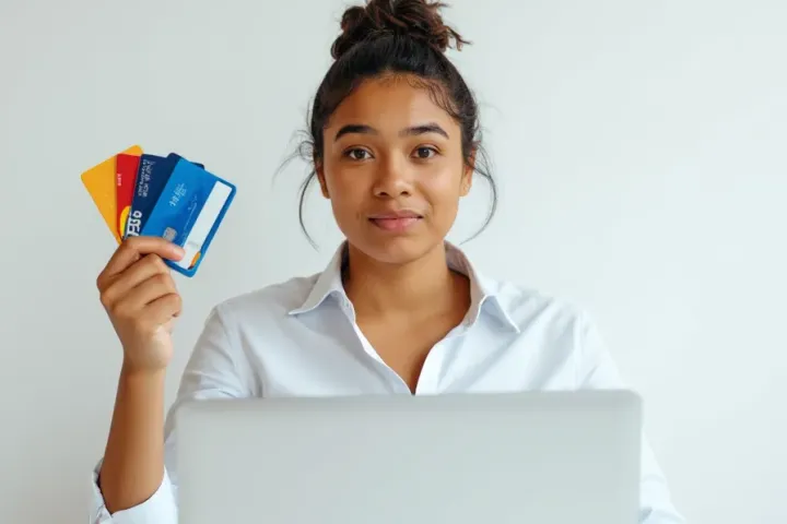 Consumer with a quizzical look on her face, sitting at her computer and holding up multiple credit cards.