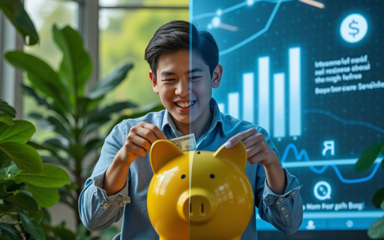 Hombre pequeño con un banco de piggy de color amarillo jetStream-cuadros financieros y estadísticas en el fondo.