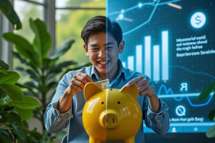 Youn man with a JetStream-yellow piggy bank – financial charts and statistics in the background.