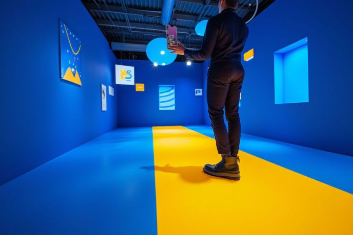 Man looking at his phone in a bright, JetStream colored room.