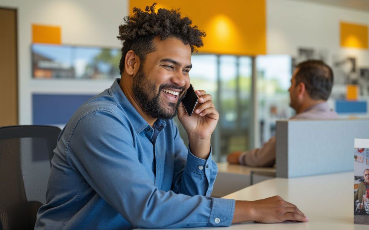 Happy Jetstream Empleado por teléfono, compartiendo su experiencia con un cliente de JetStream.