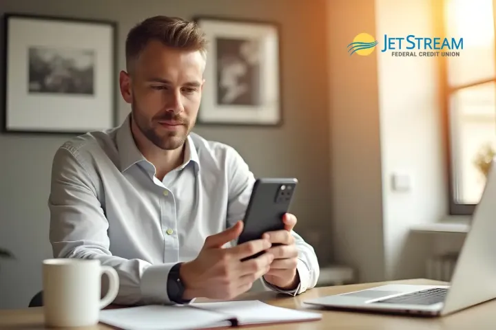 JetStream customer looks at his phone, checking his credit score