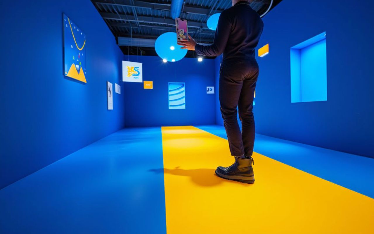 Man looking at his phone in a bright, JetStream colored room.