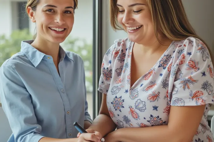 Happy consumer consulting a professional about her financial health.