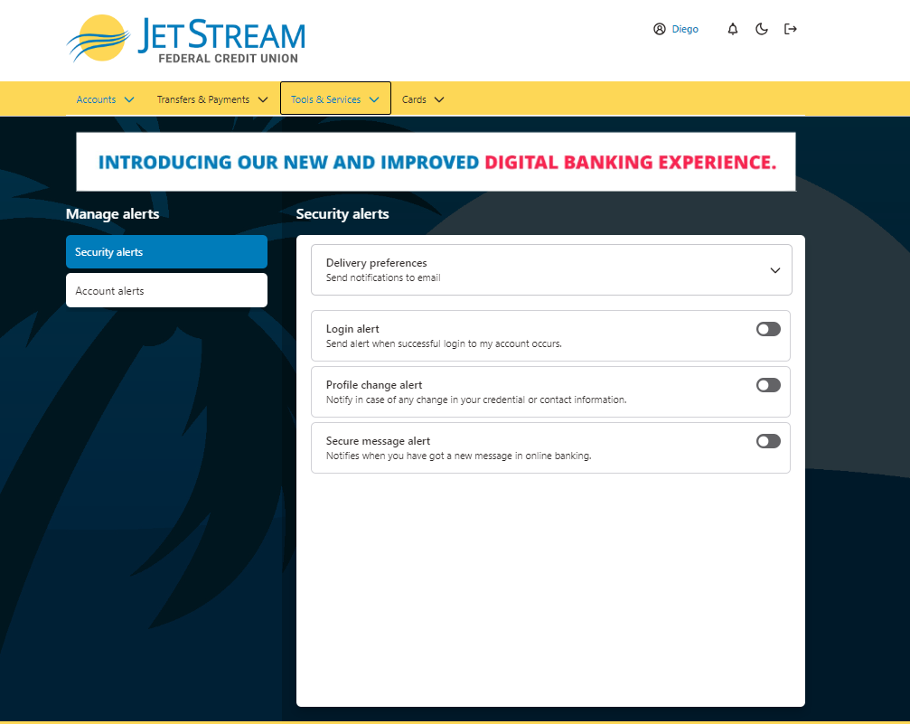Screenshot of account management section of new online banking