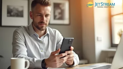 El cliente de JetStream mira su teléfono, revisando su puntaje de crédito