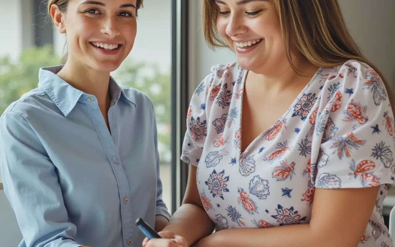 Happy consumer consulting a professional about her financial health.