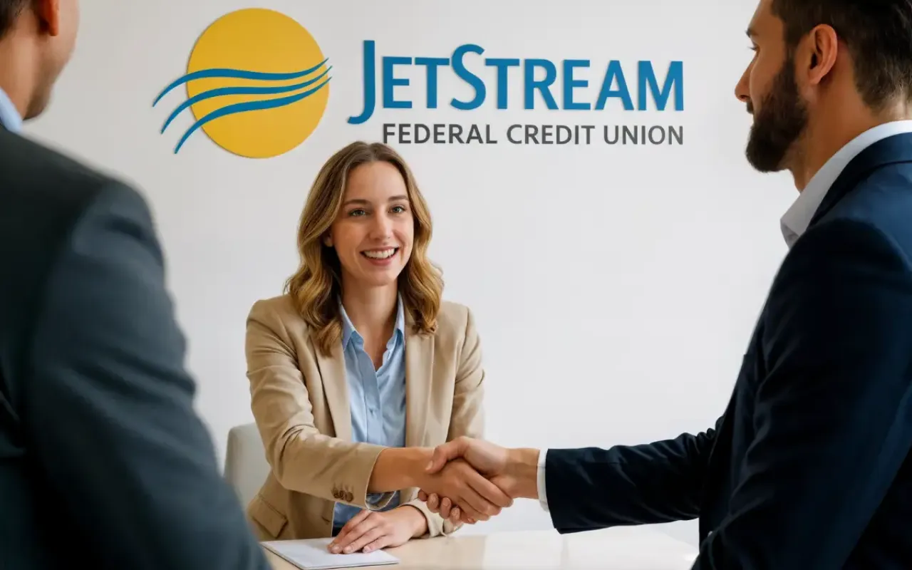 El empleado de JetStream se da la mano con un cliente de préstamo personal