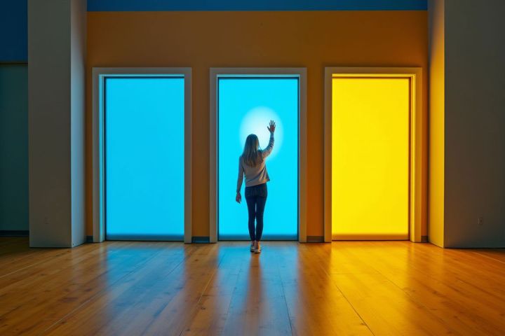 Woman standing in front of three doors -- JetStream FCU colors, two blue and one yellow -- deciding which to take.