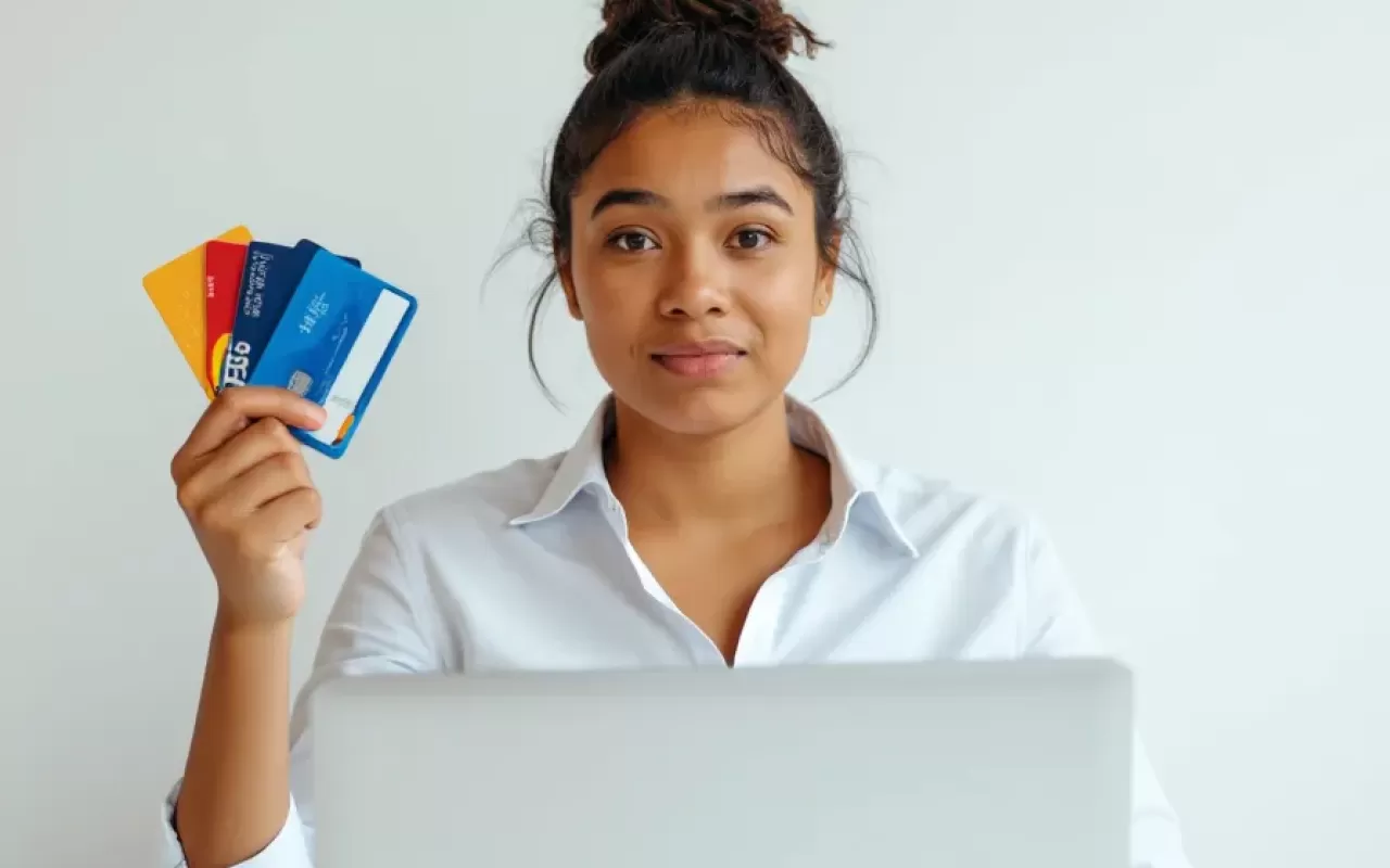 Consumer with a quizzical look on her face, sitting at her computer and holding up multiple credit cards.