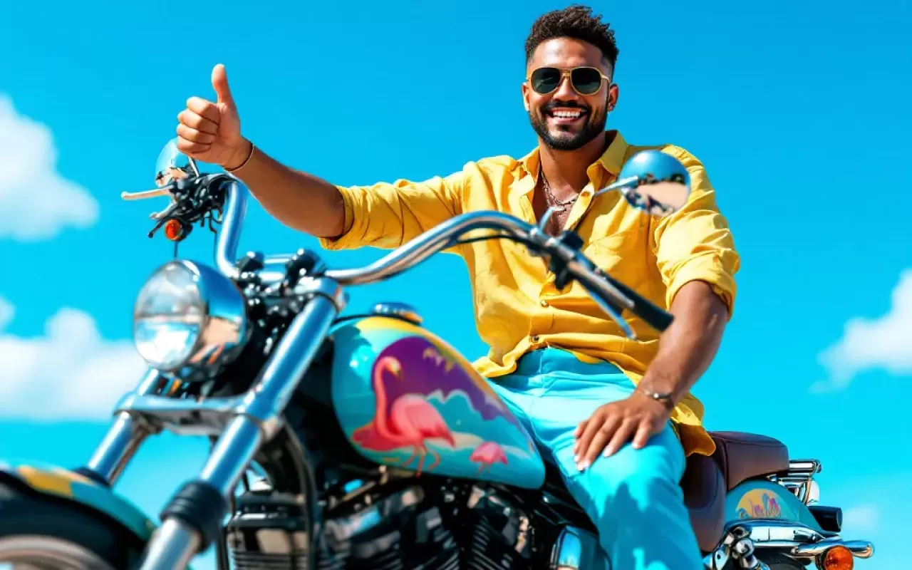 Happy JetStream customer giving a thumbs-up, sitting on his new motorcycle.