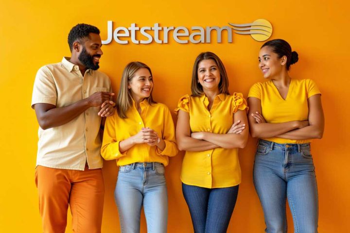 Four happy JetStream employees hanging out, socially.