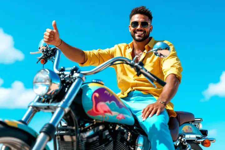 Happy JetStream customer giving a thumbs-up, sitting on his new motorcycle.