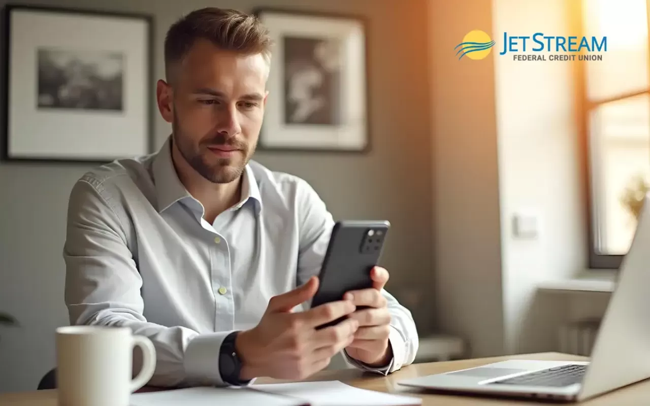 El cliente de JetStream mira su teléfono, revisando su puntaje de crédito